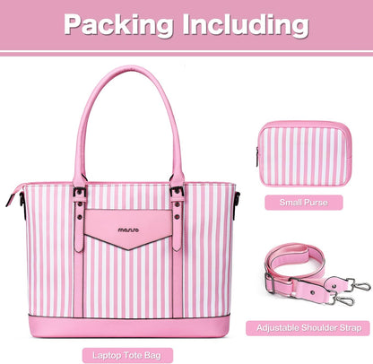MOSISO Laptop Tote Bag for Women Compatible with MacBook, 17-17.3 inch Notebook and Chromebook, Waterproof Vertical Stripe PU Leather Travel Computer Bag with Envelope Pocket & Small Purse, Pink iMosiso