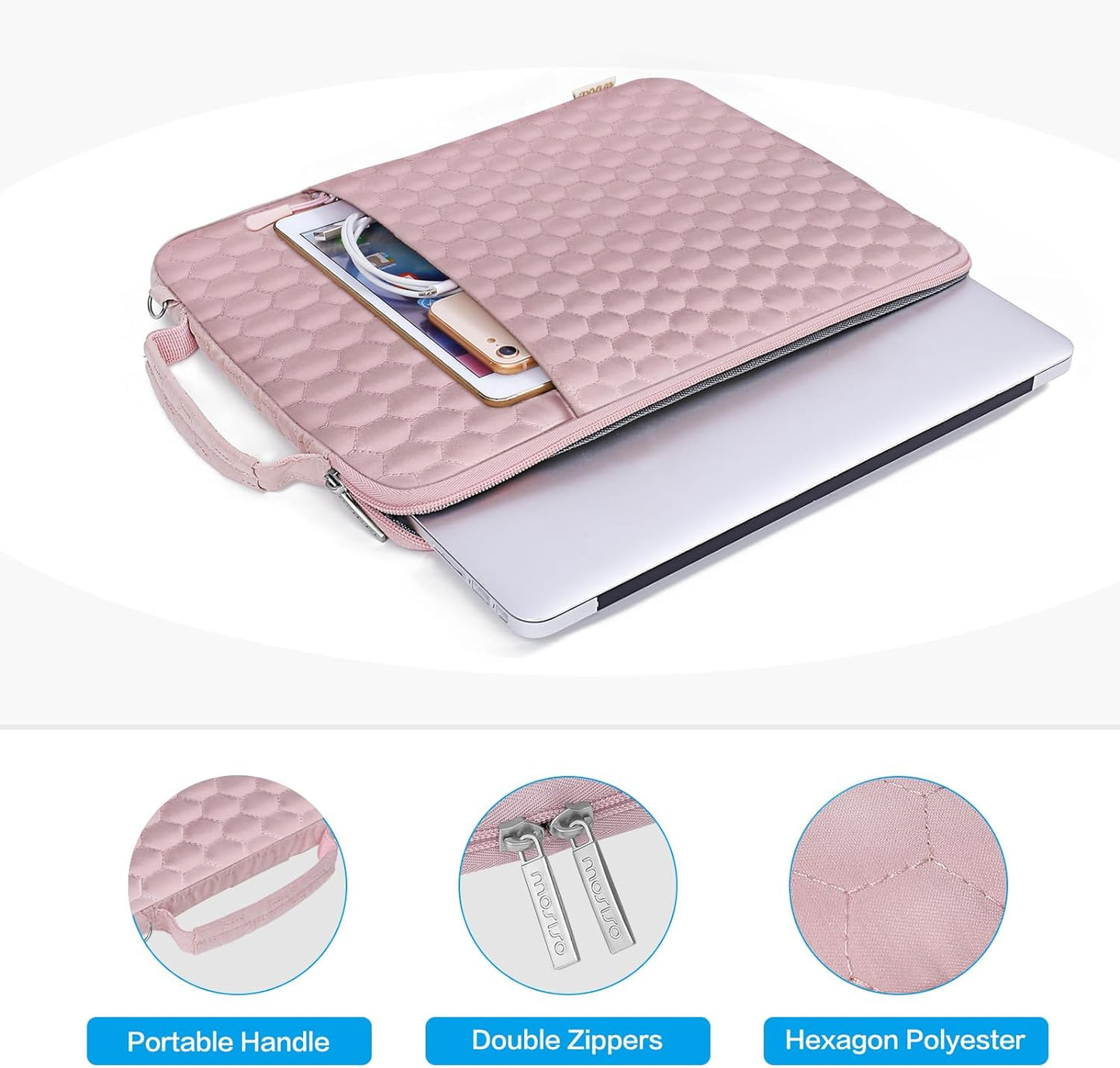 MOSISO Laptop Sleeve Compatible with MacBook Air/Pro, 13-13.3 inch Notebook, Compatible with MacBook Pro 14 inch M3 M2 M1 Chip 2023-2021, Hexagon Vertical Bag with Small Case&Side Handle&Belt, Pink iMosiso