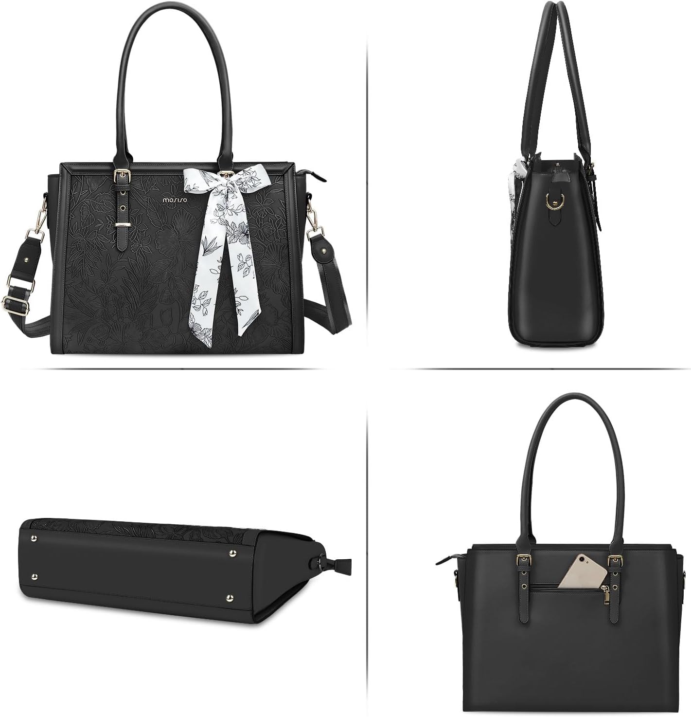 MOSISO Laptop Bag for Women, 15.6-16 inch PU Leathe Tote Bag Compatible with MacBook, HP, Dell, Asus Notebook, Front Embossed Retro Hibiscus Computer Bag with Silk Scarf&Clutch Purse, Black iMosiso