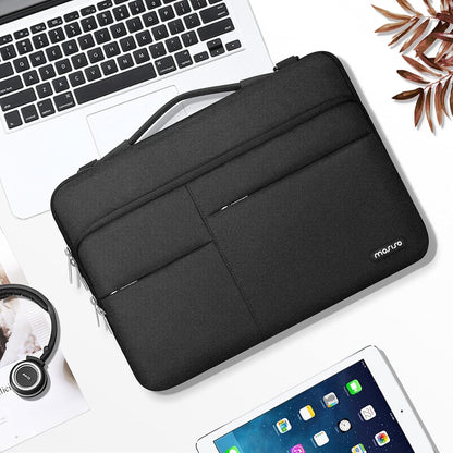 MOSISO 360 Protective Laptop Shoulder Bag Compatible with MacBook Air 15 M2 A2941 2023/Pro 16 A2780 A2485 A2141, 15-15.6 inch Notebook with Belt & 1 Raised and 2 Horizontal Parallel Pockets, Black iMosiso
