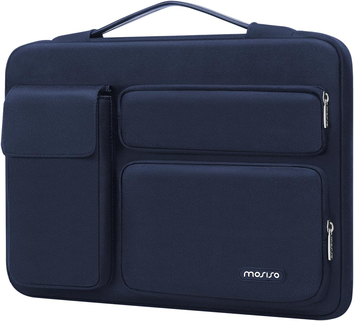MOSISO 360 Protective Laptop Sleeve Compatible with MacBook Air 13 inch M3 M2 M1 2024-2018 / Pro 13 inch 2024-2016 / Surface Pro 9/8/7/X, Side Open Bag with 2 Raised&1 Flapover Pockets, Navy Blue iMosiso