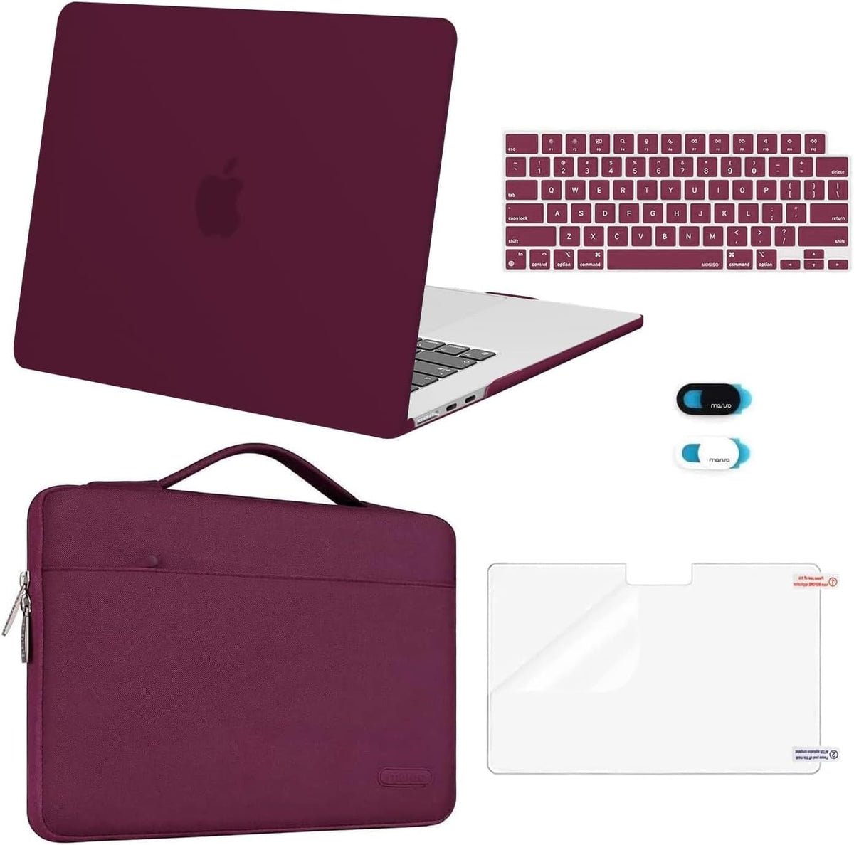 MOSISO 5‑in‑1 Hard‑Shell & Carry‑Sleeve Kit for MacBook Air 15(A3448/A3241/A3114/A2941), Keyboard‑Cover, Screen‑Film & Webcam‑Cover