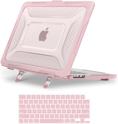 MOSISO Compatible with MacBook Air 15 inch Case 2025 2024 2023 M4 A3241 M3 A3114 M2 A2941, Honeycomb Shockproof Heavy Duty TPU Bumper Plastic Hard Case with Fold Kickstand&Keyboard Cover, Pink
