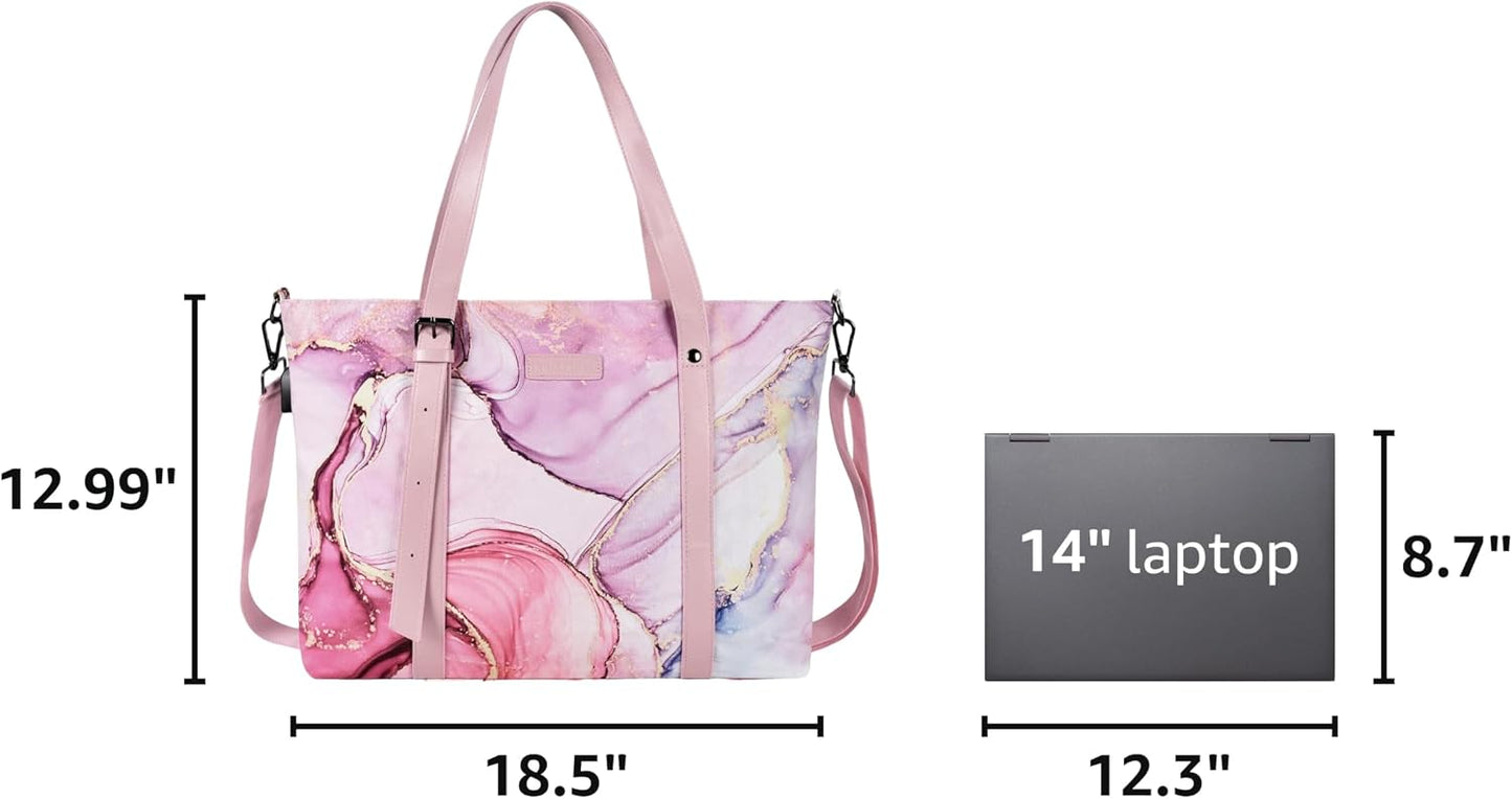 MOSISO USB Port Laptop Tote Bag (17-17.3 inch) with Adjustable Top Handle, Laptop Bag for Women, Polyester Work Travel Office Large Computer Shoulder Handbag Marble MO-MBH216