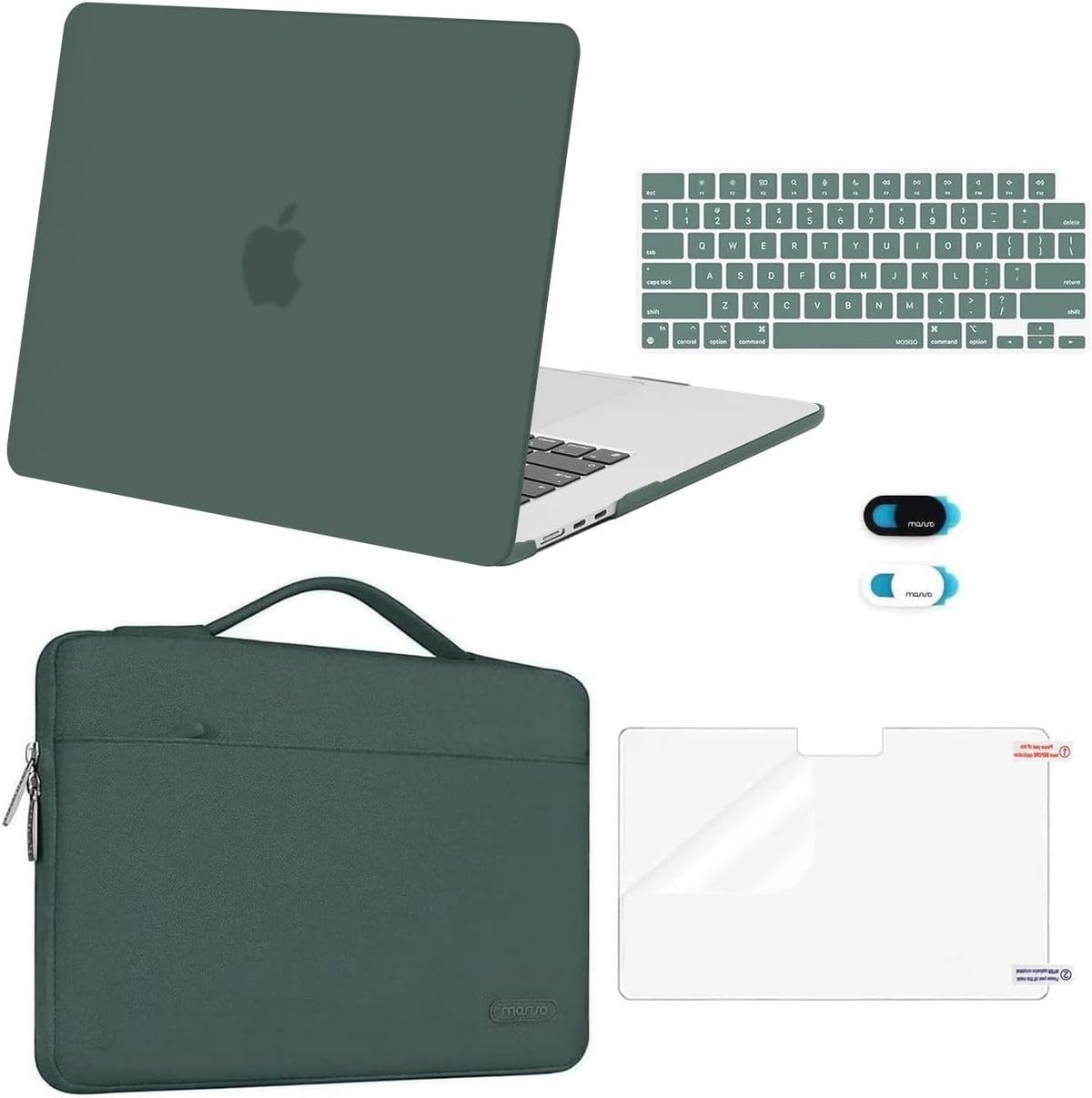 MOSISO 5‑in‑1 Hard‑Shell & Carry‑Sleeve Kit for MacBook Air 15(A3448/A3241/A3114/A2941), Keyboard‑Cover, Screen‑Film & Webcam‑Cover