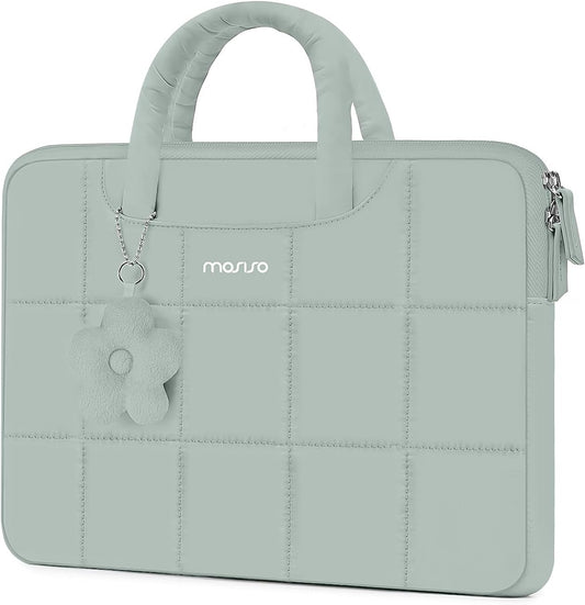 MOSISO Laptop Case 13.3-16 inch,13.3/14/16 inch Puffy Laptop Sleeve Compatible with MacBook Neo 13/Air 13 13.6/Pro/Pro 14,HP Dell ASUS Lenovo,Rectangle Quilted Bag with Handle&Flower Pendant