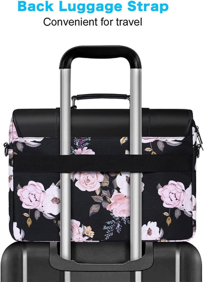 MOSISO Laptop Shoulder Bag Compatible with MacBook Pro 16 inch 2023-2019 M2 A2780 M1 A2485 A2141/Pro 15 A1398,15-15.6 inch Notebook,Peony Polyester&PU Leather Flapover Briefcase Sleeve with Belt