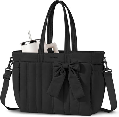 MOSISO Quilted‑Puffy Laptop Tote Bag for Women, Water‑Resistant Multi‑Pocket Work Tote with Built‑In Cup Holder, Anti‑Theft Back Pocket, Rear Trolley Sleeve & Removable Adjustable Shoulder Strap, Fits 14‑17.3 Inch Laptops