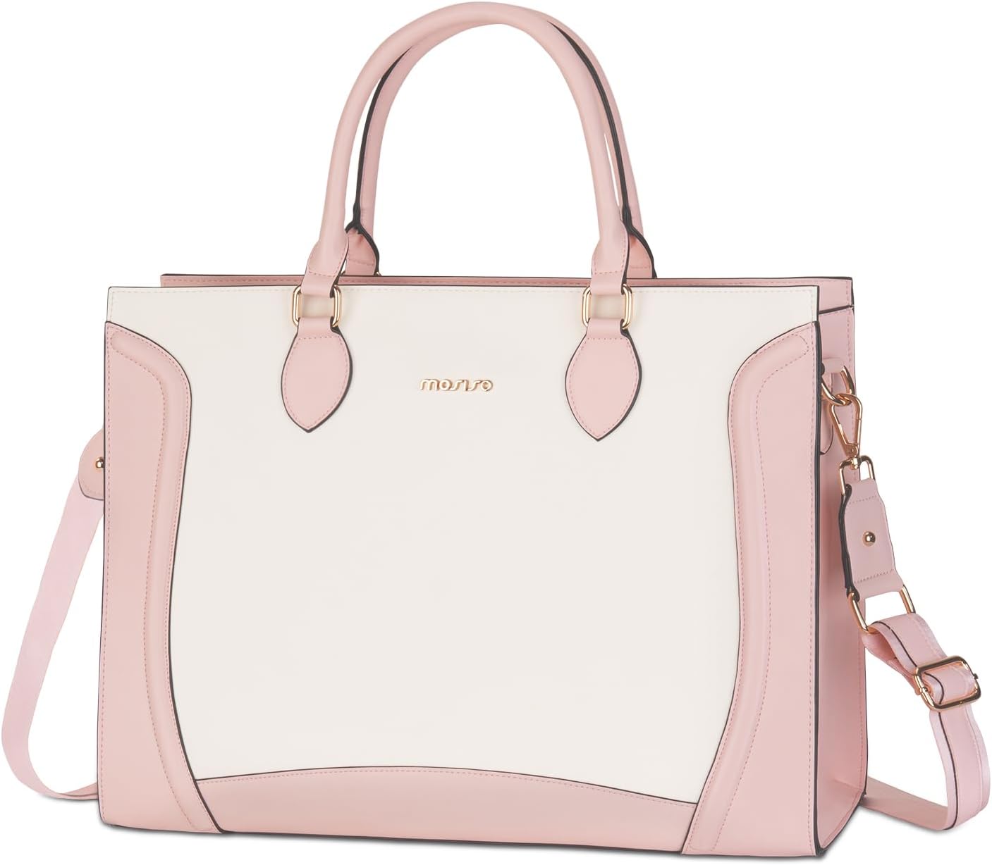 MOSISO Laptop Tote Bag for Women, 15.6 inch Waterproof PU Leather Laptop Bag, Vertical Curved Line Computer Briefcase, Large Capacity Teacher Work Handbag for Business Office, Pink