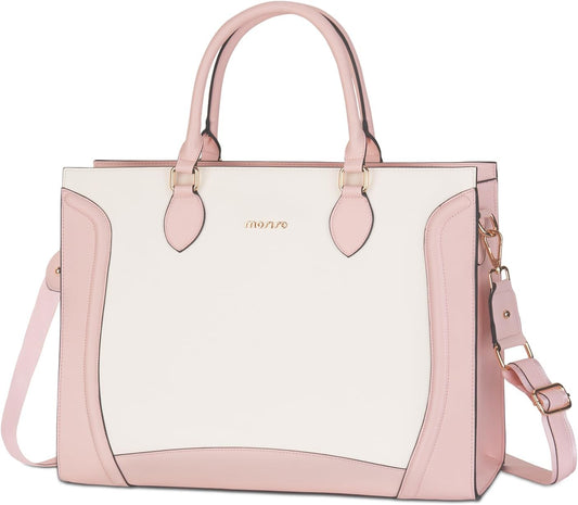 MOSISO Laptop Tote Bag for Women, 15.6 inch Waterproof PU Leather Laptop Bag, Vertical Curved Line Computer Briefcase, Large Capacity Teacher Work Handbag for Business Office, Pink