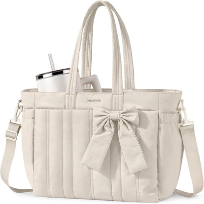 MOSISO Quilted‑Puffy Laptop Tote Bag for Women, Water‑Resistant Multi‑Pocket Work Tote with Built‑In Cup Holder, Anti‑Theft Back Pocket, Rear Trolley Sleeve & Removable Adjustable Shoulder Strap, Fits 14‑17.3 Inch Laptops
