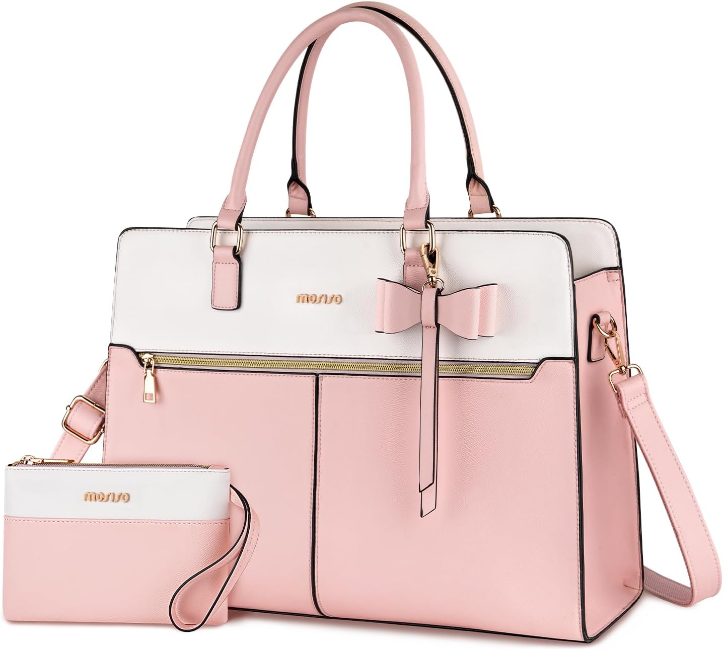 MOSISO Laptop Tote Bag for Women, 15.6/17.3 inch Waterproof PU Leather Work Bag with Clutch Purse & Bowknot, Large Capacity Handbag Shoulder Computer Bags Work Briefcase for Business Teacher Office