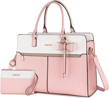MOSISO Laptop Tote Bag for Women, 15.6/17.3 inch Waterproof PU Leather Work Bag with Clutch Purse & Bowknot, Large Capacity Handbag Shoulder Computer Bags Work Briefcase for Business Teacher Office