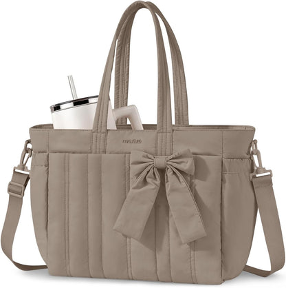MOSISO Quilted‑Puffy Laptop Tote Bag for Women, Water‑Resistant Multi‑Pocket Work Tote with Built‑In Cup Holder, Anti‑Theft Back Pocket, Rear Trolley Sleeve & Removable Adjustable Shoulder Strap, Fits 14‑17.3 Inch Laptops