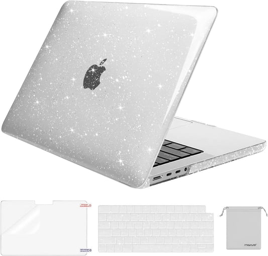 MOSISO Compatible with MacBook Pro 14 inch Case 2025-2021 M4 M3 M2 M1 A3112 A3185 A3401 A2918 A2992 A2779 A2442, Sparkly Glitter Plastic Hard Shell&Keyboard Cover&Screen Film&Storage Bag, Transparent