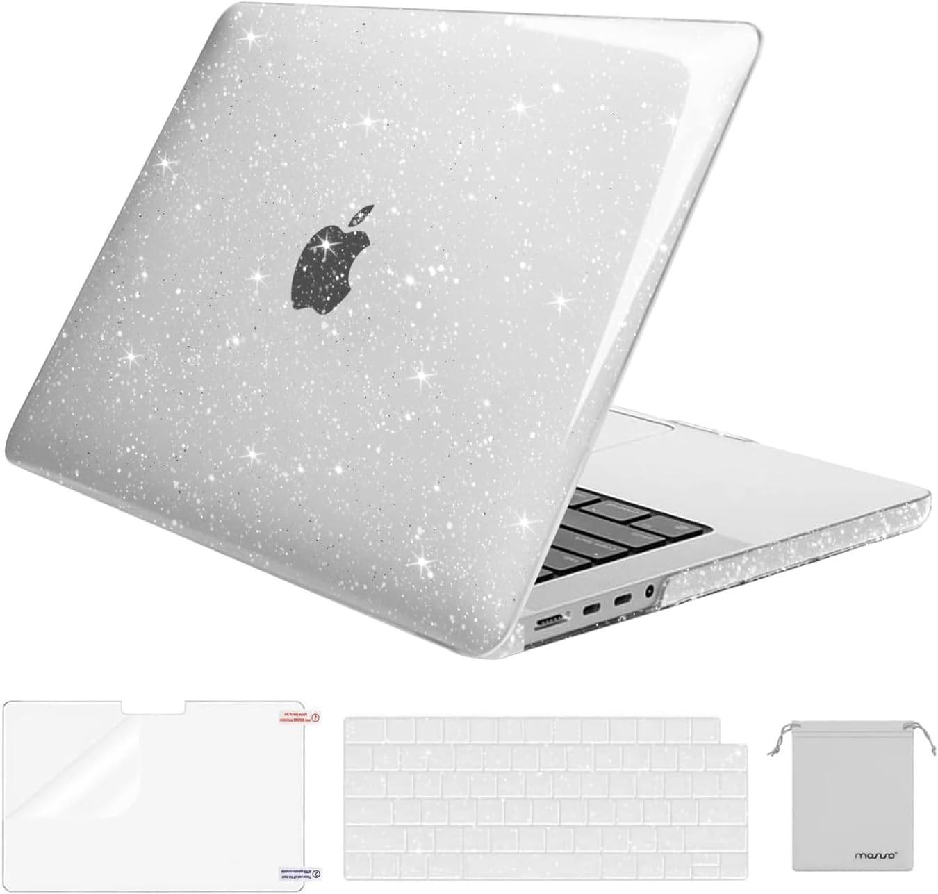 MOSISO Compatible with MacBook Pro 14 inch Case M5 2026 M4 M3 M2 M1 2025-2021 A3427 A3426 A3434 A3112 A3185 A3401 A2918 A2992 A2779 A2442, 4 in 1 Kit Sparkly Glitter Hard Shell, Transparent
