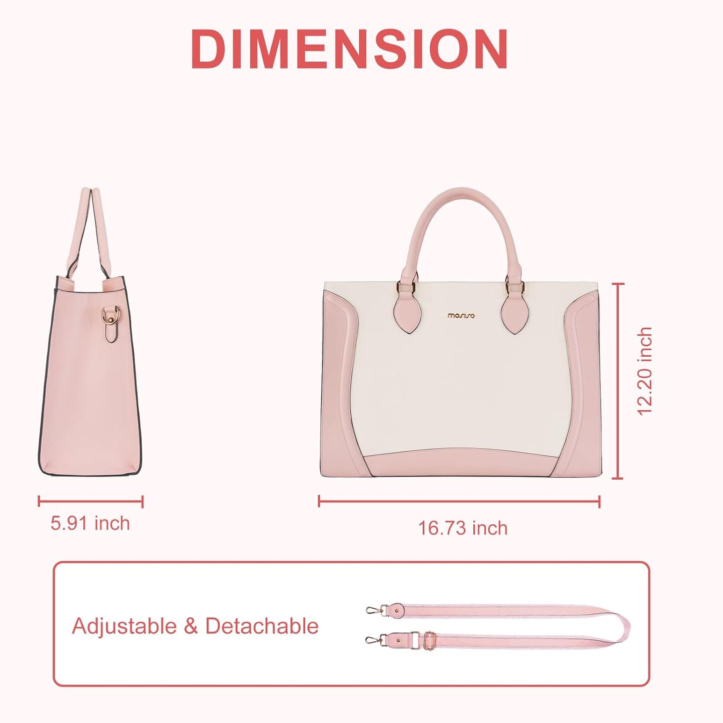 MOSISO Laptop Tote Bag for Women, 15.6 inch Waterproof PU Leather Laptop Bag, Vertical Curved Line Computer Briefcase, Large Capacity Teacher Work Handbag for Business Office, Pink