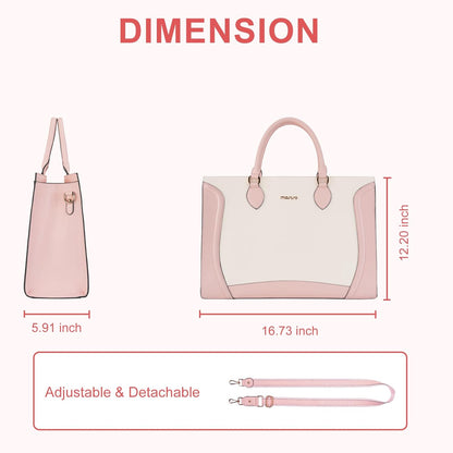 MOSISO Laptop Tote Bag for Women, 15.6 inch Waterproof PU Leather Laptop Bag, Vertical Curved Line Computer Briefcase, Large Capacity Teacher Work Handbag for Business Office, Pink