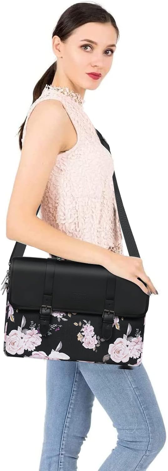 MOSISO Laptop Shoulder Bag Compatible with MacBook Pro 16 inch 2023-2019 M2 A2780 M1 A2485 A2141/Pro 15 A1398,15-15.6 inch Notebook,Peony Polyester&PU Leather Flapover Briefcase Sleeve with Belt