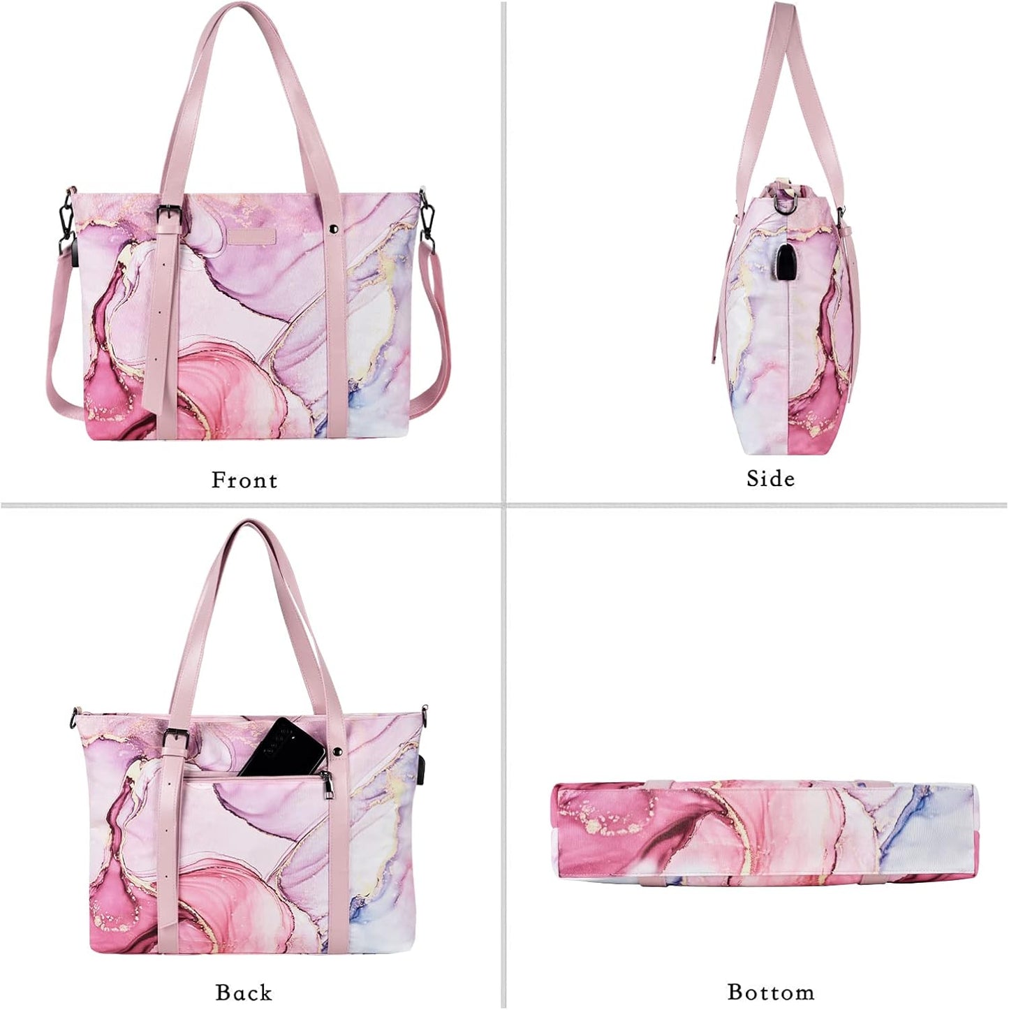 MOSISO USB Port Laptop Tote Bag (17-17.3 inch) with Adjustable Top Handle, Laptop Bag for Women, Polyester Work Travel Office Large Computer Shoulder Handbag Marble MO-MBH216