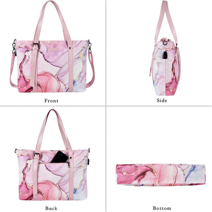 MOSISO USB Port Laptop Tote Bag (17-17.3 inch) with Adjustable Top Handle, Laptop Bag for Women, Polyester Work Travel Office Large Computer Shoulder Handbag Marble MO-MBH216
