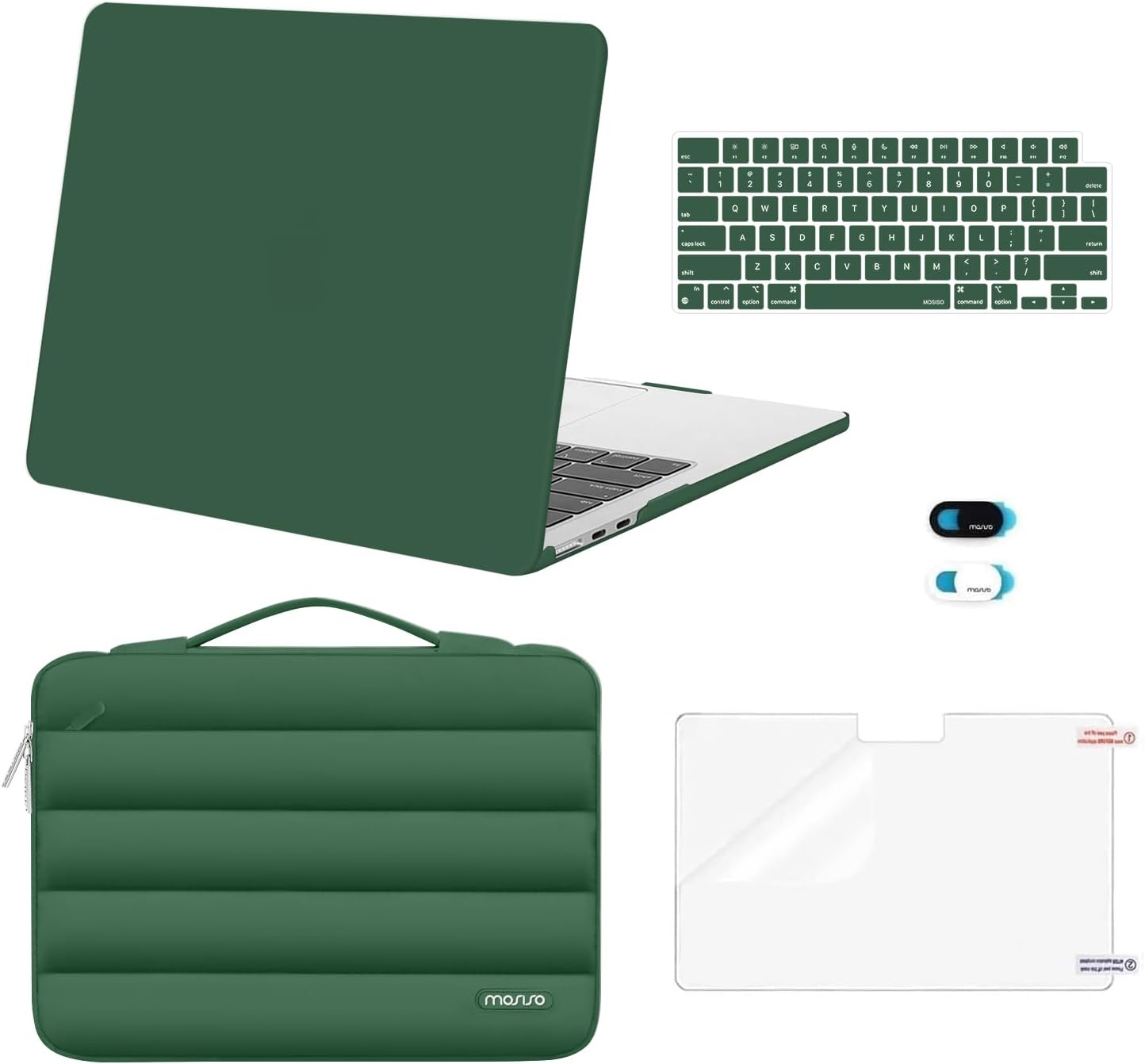 MOSISO Compatible with MacBook Air 13 inch Case M5 2026 M4 2025 M3 M2 2024-2022 A3449 A3240 A3113 A2681, Hard Case&Puffy Bag&Keyboard Cover&Webcam Cover&ScreenFilm for MacBook Air 13.6, Antique Green