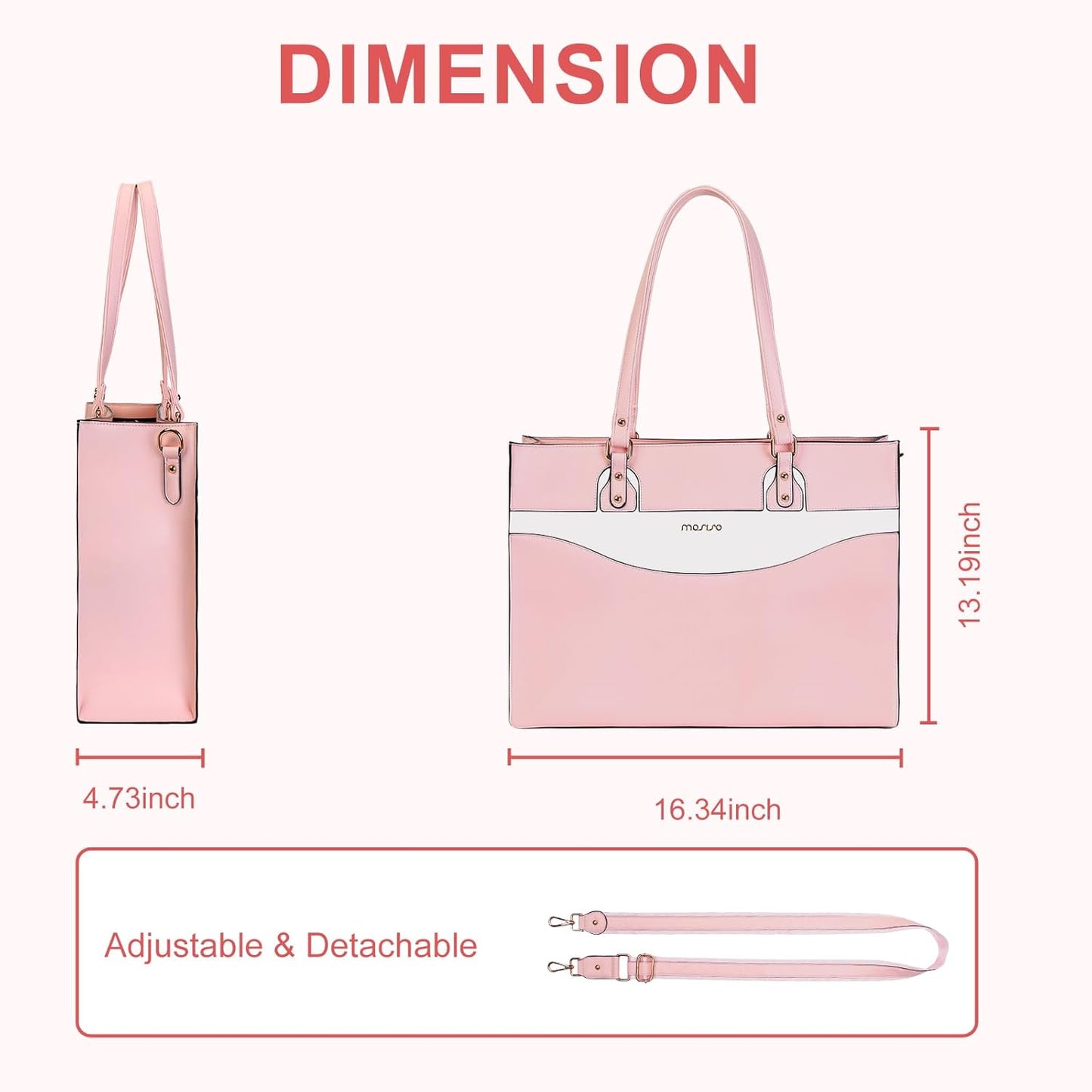 MOSISO Laptop Tote Bag for Women, 15.6 inch Work Teacher Laptop Bag, PU Leather Curved Line Computer Briefcase, Large Capacity Handbag for Business Office, Pink