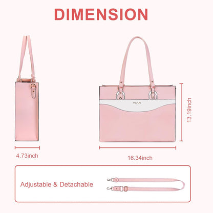 MOSISO Laptop Tote Bag for Women, 15.6 inch Work Teacher Laptop Bag, PU Leather Curved Line Computer Briefcase, Large Capacity Handbag for Business Office, Pink