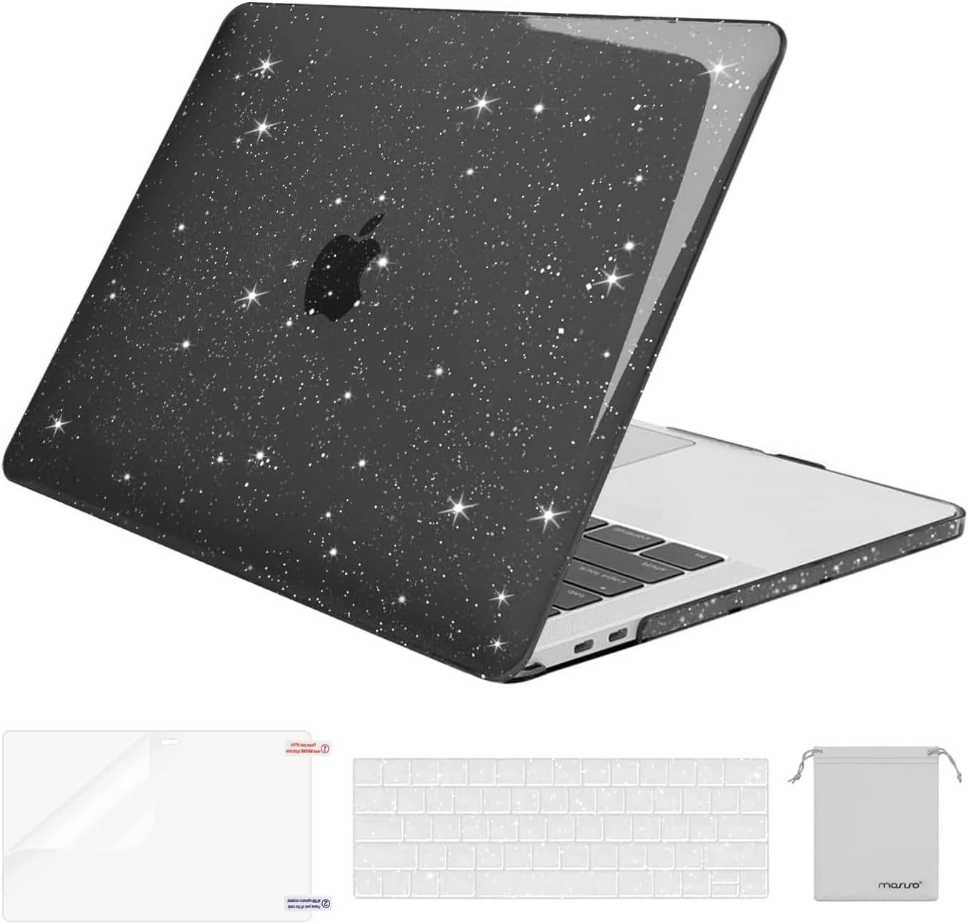 MOSISO Compatible with MacBook Pro 13 inch Case M2 2025, 2024, 2023-2016 A2338 M1 A2251 A2289 A2159 A1989 A1708 A1706, Sparkly Plastic Hard Shell Case&Keyboard Skin&Screen Protector&Pouch, Black