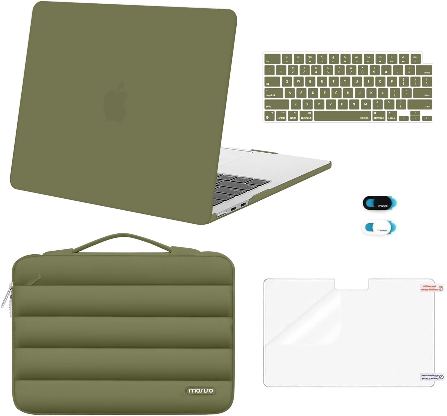 MOSISO Compatible with MacBook Air 13 inch Case M5 2026 M4 2025 M3 M2 2024-2022 A3449 A3240 A3113 A2681, Hard Case&Puffy Bag&Keyboard Cover&Webcam Cover&ScreenFilm for MacBook Air 13.6, Antique Green
