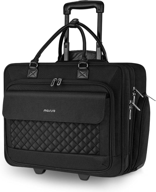 MOSISO Rolling Laptop Bag, 15.6 inch Rolling Briefcase for Women Men, Expandable Overnight Computer Bag with Flapover Pocket & Belt on 2 Wheels for Work Travel Business, Black