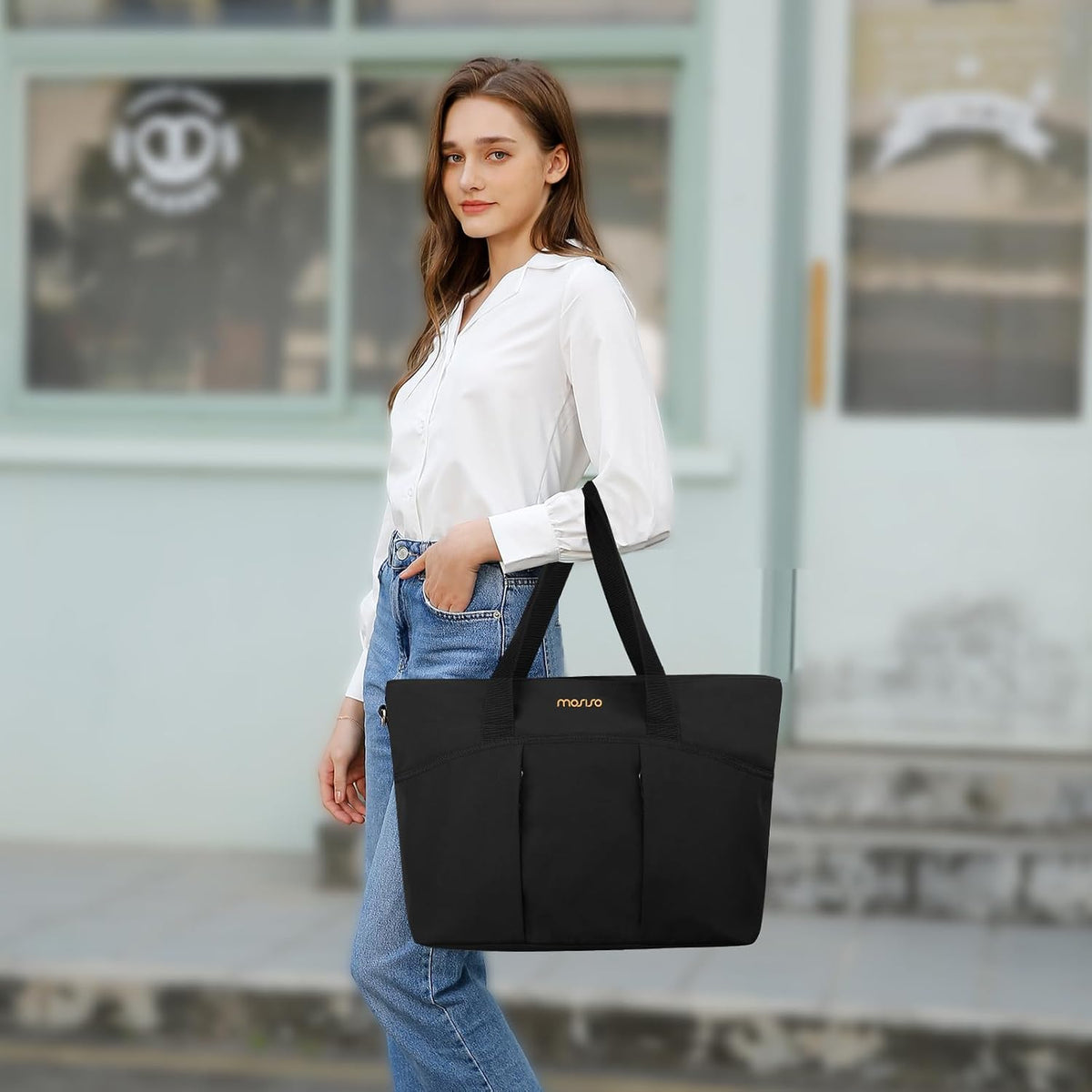 MOSISO Canvas Large Capacity Teacher Laptop Tote, 15 6 Inch Fit, Multi Pockets and Rear Trolley Sleeve