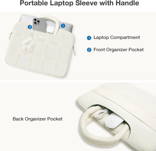 MOSISO 13-14 inch Laptop Case, 13.3 inch Puffy Laptop Sleeve Compatible with MacBook Air 13 13.6/Pro 13/Pro 14,HP Acer Dell ASUS Lenovo, Rectangle Quilted Computer Bag with Handle&Flower Pendant, Sand