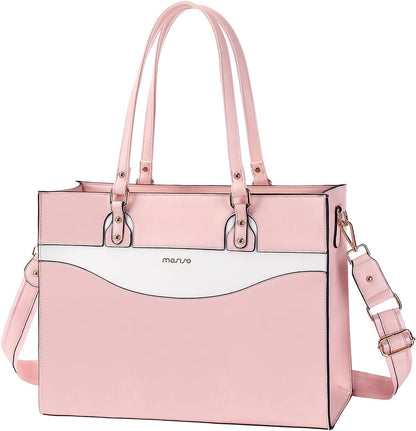 MOSISO Laptop Tote Bag for Women, 15.6 inch Work Teacher Laptop Bag, PU Leather Curved Line Computer Briefcase, Large Capacity Handbag for Business Office, Pink