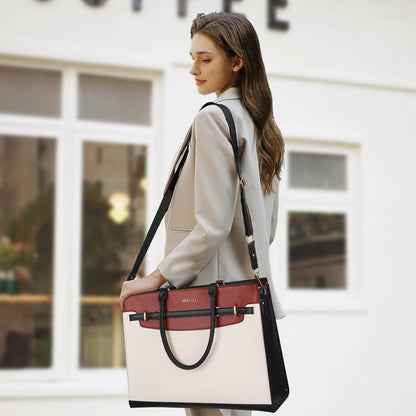 MOSISO Women PU‑Leather 15.6‑Inch Laptop Tote Bag,3‑Multi‑Compartment,Removable‑Adjustable‑Strap & Rivet‑Reinforced‑Base