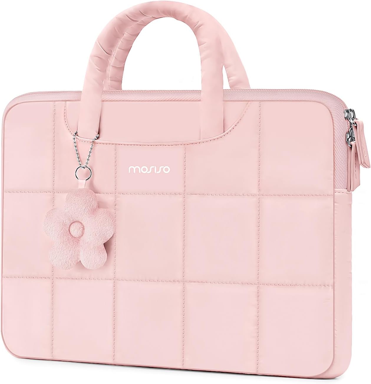 MOSISO 13-14 inch Laptop Case, 13.3 inch Puffy Laptop Sleeve Compatible with MacBook Air 13 13.6/Pro 13/Pro 14,HP Acer Dell ASUS Lenovo, Rectangle Quilted Computer Bag with Handle&Flower Pendant, Sand
