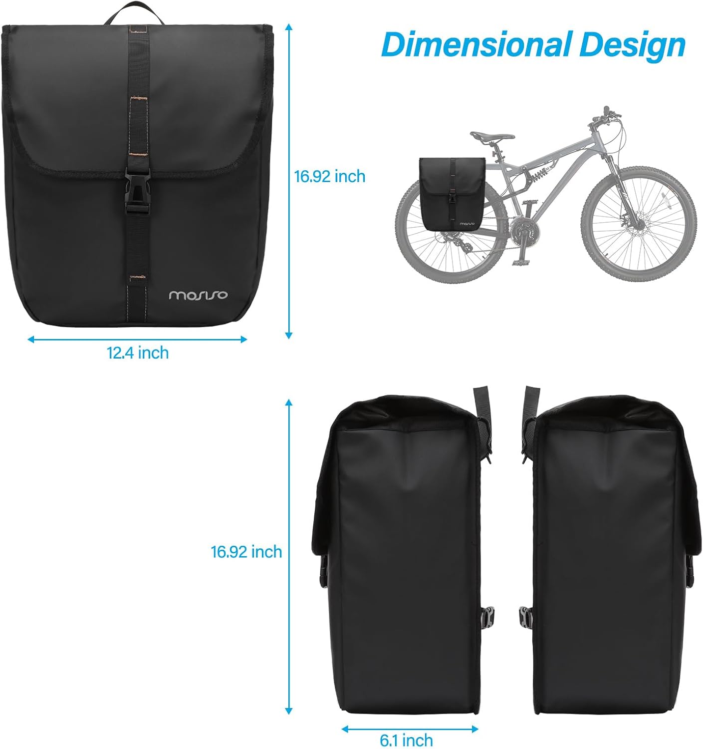MOSISO 20L Bike Panniers, 2 Pack Waterproof Panniers Bike Bag, Large Capacity Flap Bicycle Rear Rack Seat Luggage Storage Trunk Bag for Road Mountain Cycling Traveling Commuting, Black