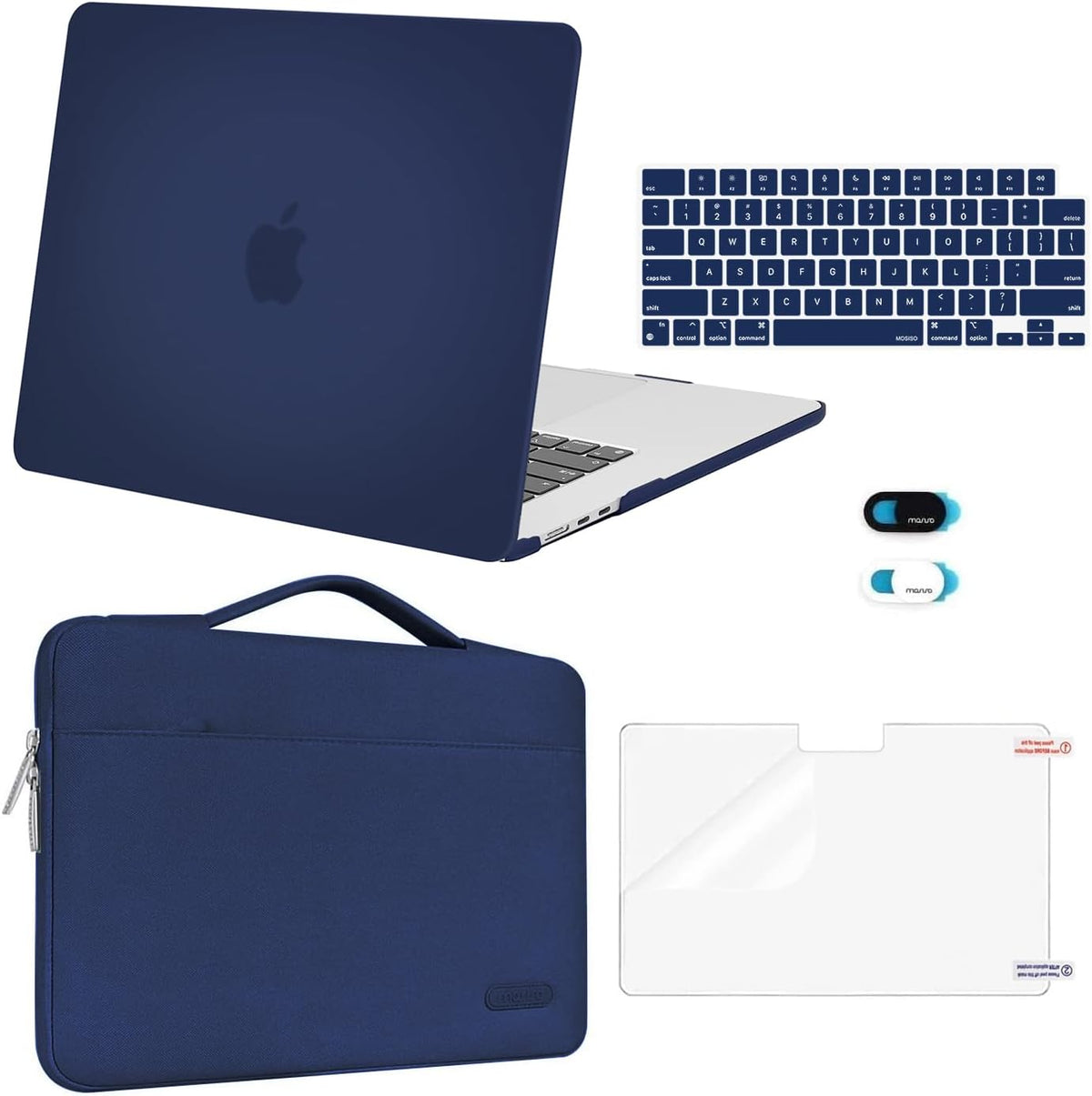 MOSISO 5‑in‑1 Hard‑Shell & Carry‑Sleeve Kit for MacBook Air 15(A3448/A3241/A3114/A2941), Keyboard‑Cover, Screen‑Film & Webcam‑Cover