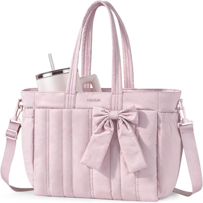 MOSISO Quilted‑Puffy Laptop Tote Bag for Women, Water‑Resistant Multi‑Pocket Work Tote with Built‑In Cup Holder, Anti‑Theft Back Pocket, Rear Trolley Sleeve & Removable Adjustable Shoulder Strap, Fits 14‑17.3 Inch Laptops