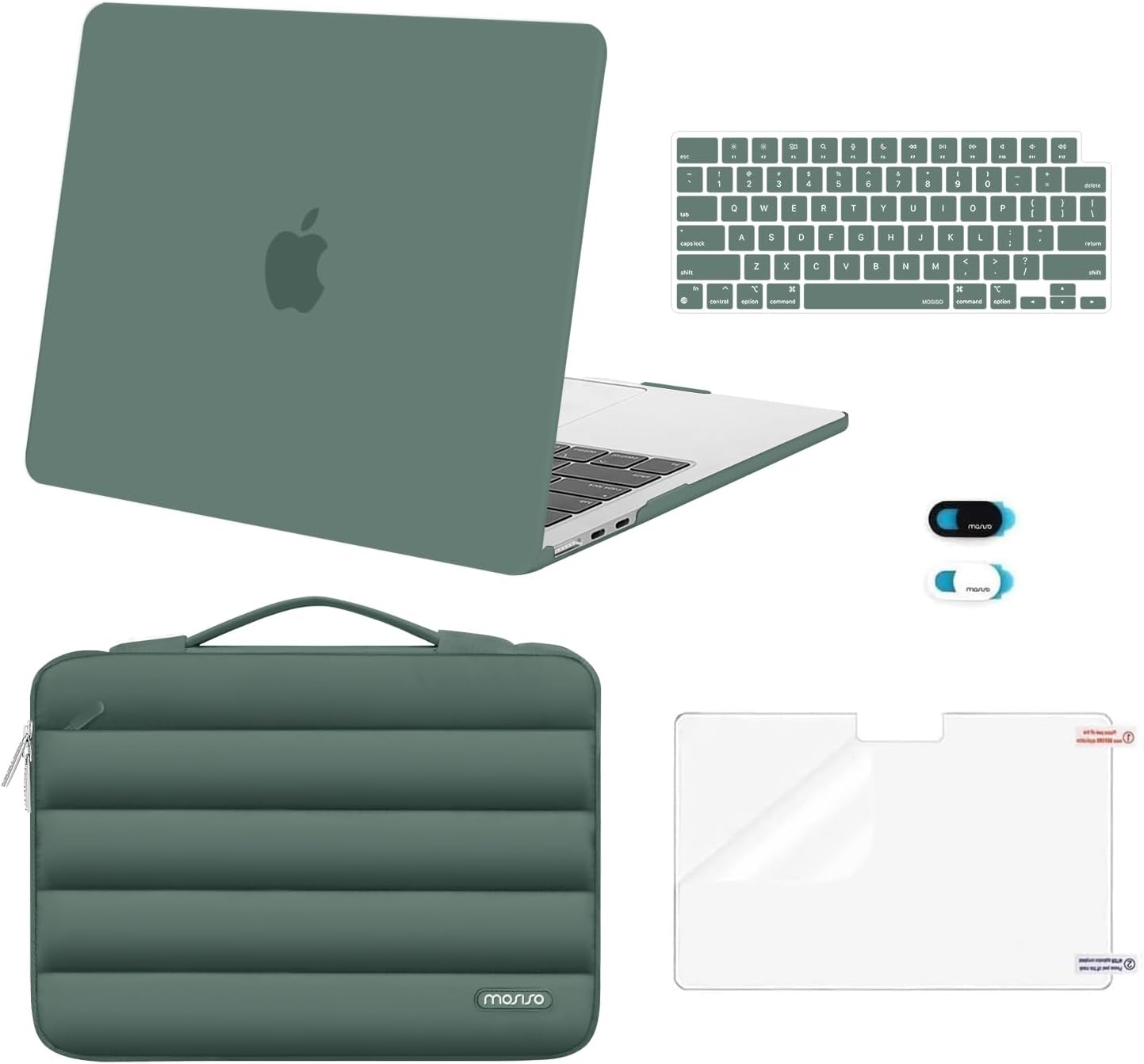MOSISO Compatible with MacBook Air 13 inch Case M5 2026 M4 2025 M3 M2 2024-2022 A3449 A3240 A3113 A2681, Hard Case&Puffy Bag&Keyboard Cover&Webcam Cover&ScreenFilm for MacBook Air 13.6, Antique Green