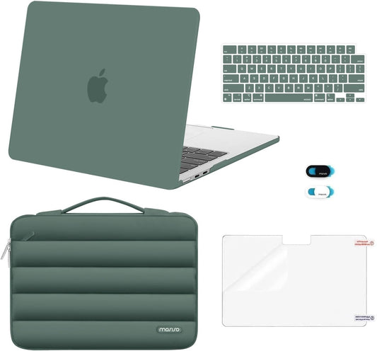 MOSISO Compatible with MacBook Air 13 inch Case M5 2026 M4 2025 M3 M2 2024-2022 A3449 A3240 A3113 A2681, Hard Case&Puffy Bag&Keyboard Cover&Webcam Cover&ScreenFilm for MacBook Air 13.6, Antique Green