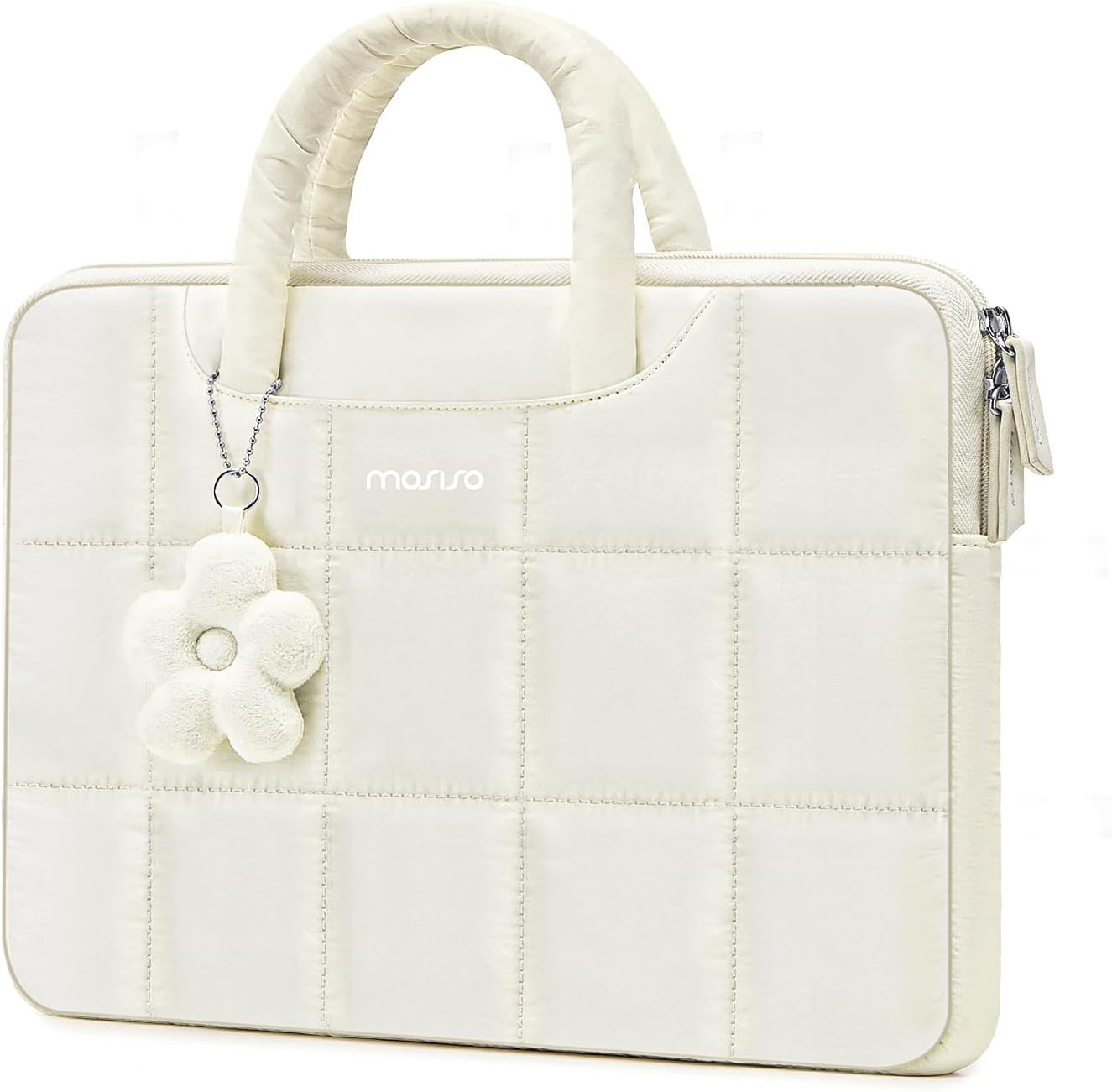 MOSISO 13-14 inch Laptop Case, 13.3 inch Puffy Laptop Sleeve Compatible with MacBook Air 13 13.6/Pro 13/Pro 14,HP Acer Dell ASUS Lenovo, Rectangle Quilted Computer Bag with Handle&Flower Pendant, Sand