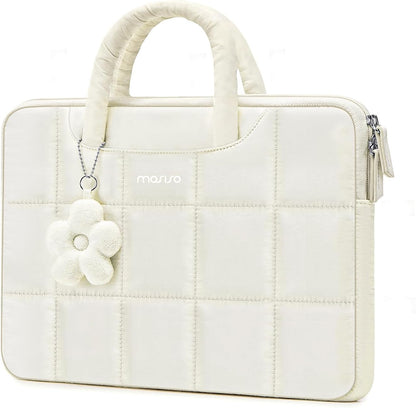 MOSISO 13-14 inch Laptop Case, 13.3 inch Puffy Laptop Sleeve Compatible with MacBook Air 13 13.6/Pro 13/Pro 14,HP Acer Dell ASUS Lenovo, Rectangle Quilted Computer Bag with Handle&Flower Pendant, Sand