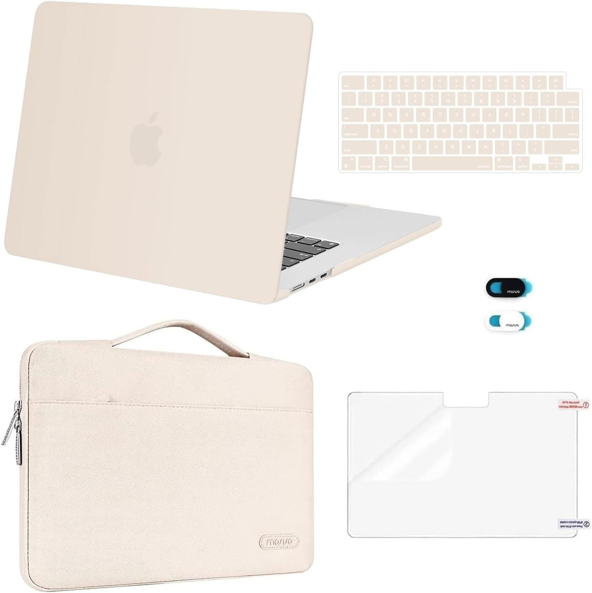 MOSISO 5‑in‑1 Hard‑Shell & Carry‑Sleeve Kit for MacBook Air 15(A3448/A3241/A3114/A2941), Keyboard‑Cover, Screen‑Film & Webcam‑Cover