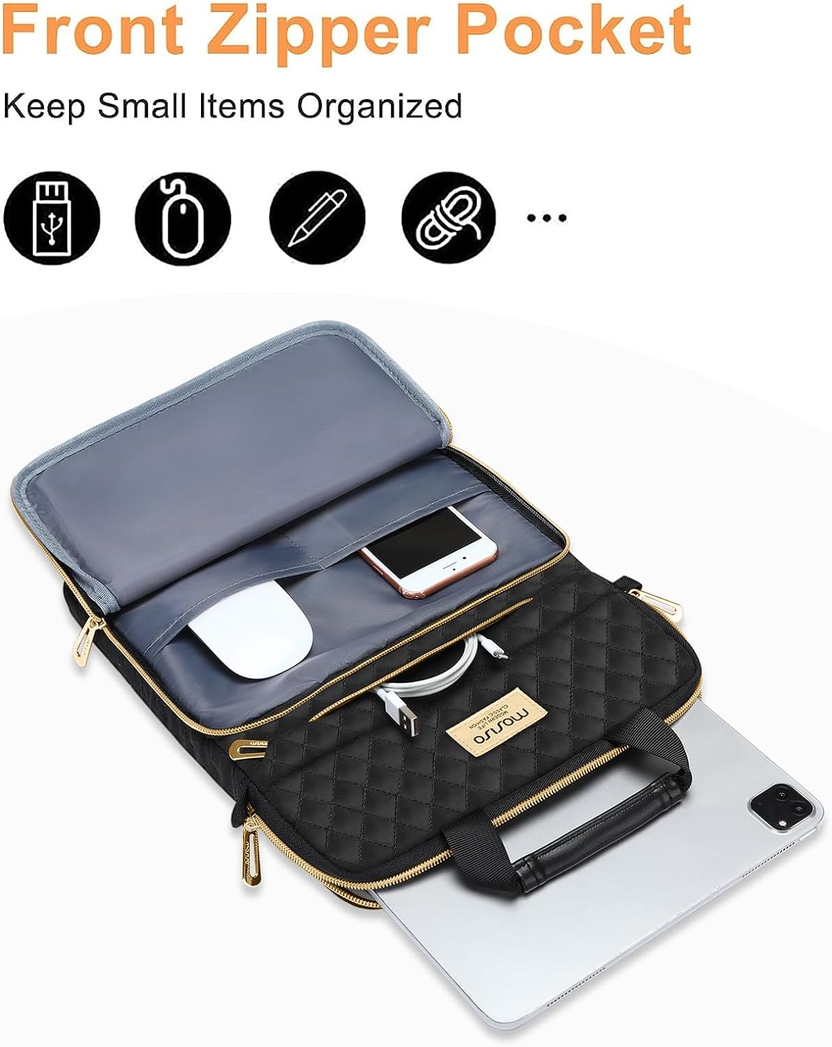 MOSISO 12.9 inch Tablet Sleeve Compatible with iPad Pro 12.9 inch M2 M1 2022-2018, Surface Pro 9/8/7/6/X, Square Quilted Carrying Case with Front 2 Pockets, Black iMosiso