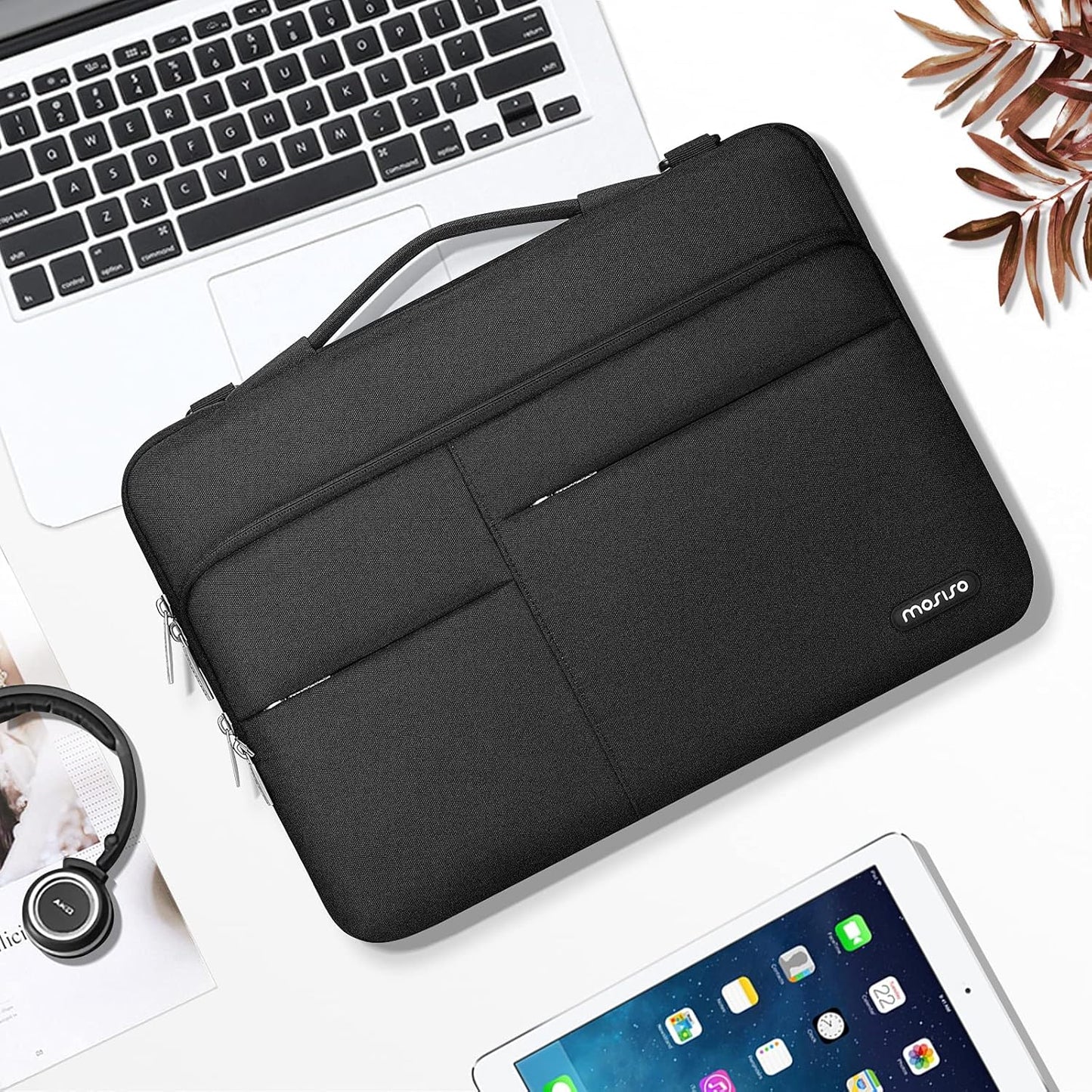 MOSISO 360 Protective Laptop Shoulder Bag Compatible with MacBook Air 15 M2 A2941 2023/Pro 16 A2780 A2485 A2141, 15-15.6 inch Notebook with Belt & 1 Raised and 2 Horizontal Parallel Pockets, Black
