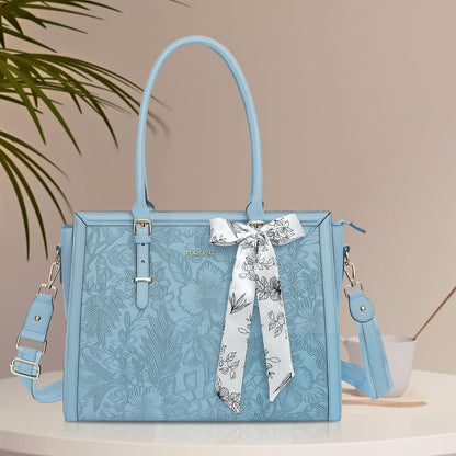 MOSISO Laptop Bag for Women, 15.6-16 inch PU Leathe Tote Bag Compatible with MacBook, HP, Dell, Asus Notebook, Front Embossed Retro Hibiscus Computer Bag with Silk Scarf&Clutch Purse, Air Blue iMosiso