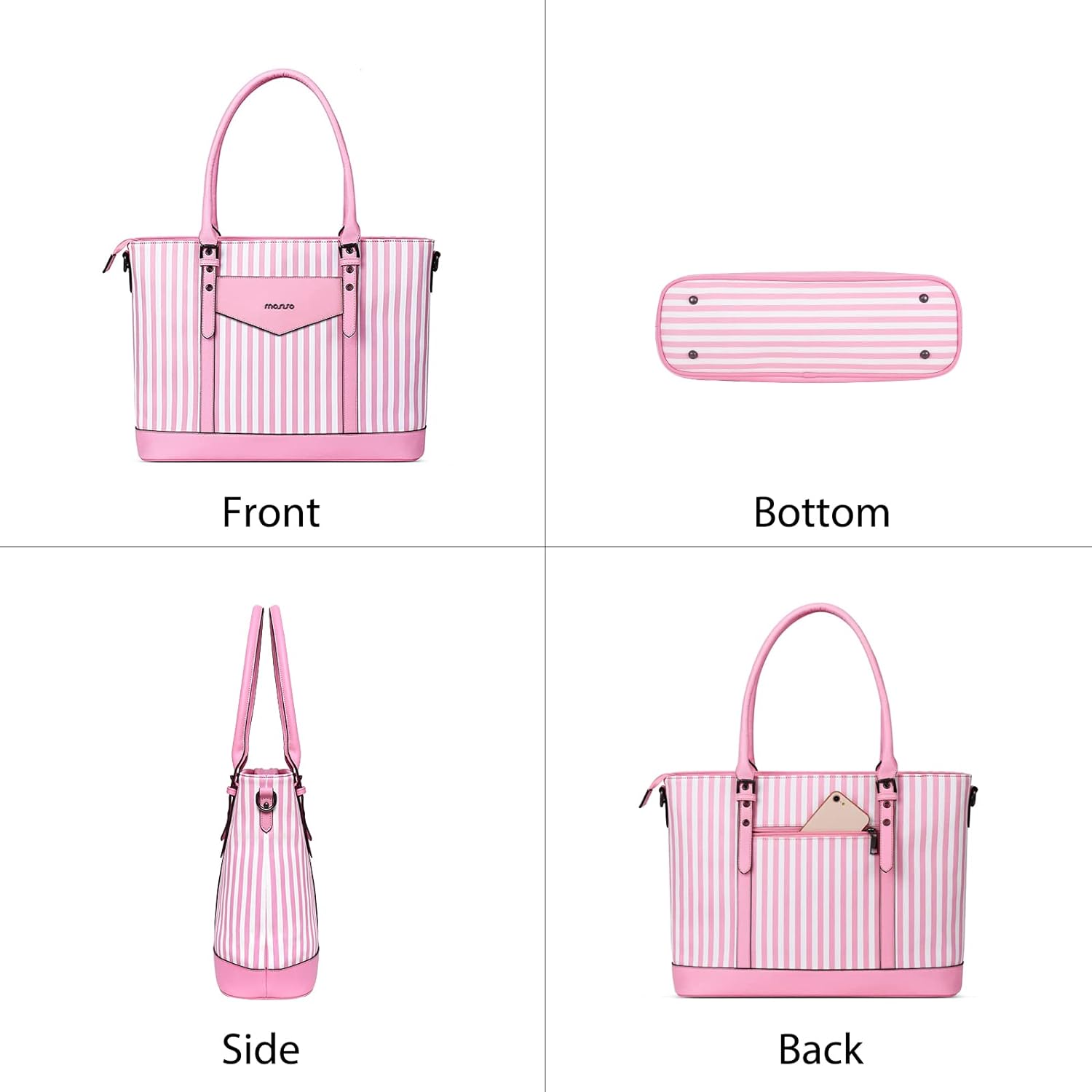 MOSISO Laptop Tote Bag for Women Compatible with MacBook, 17-17.3 inch Notebook and Chromebook, Waterproof Vertical Stripe PU Leather Travel Computer Bag with Envelope Pocket & Small Purse, Pink iMosiso