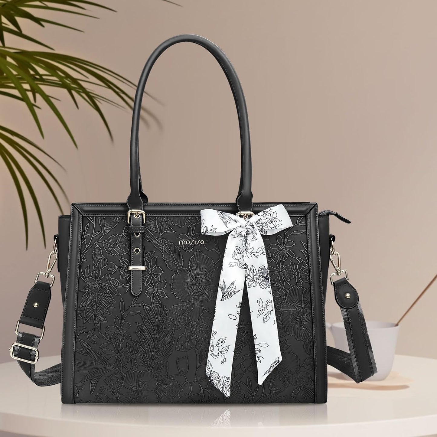 MOSISO Laptop Bag for Women, 15.6-16 inch PU Leathe Tote Bag Compatible with MacBook, HP, Dell, Asus Notebook, Front Embossed Retro Hibiscus Computer Bag with Silk Scarf&Clutch Purse, Black iMosiso