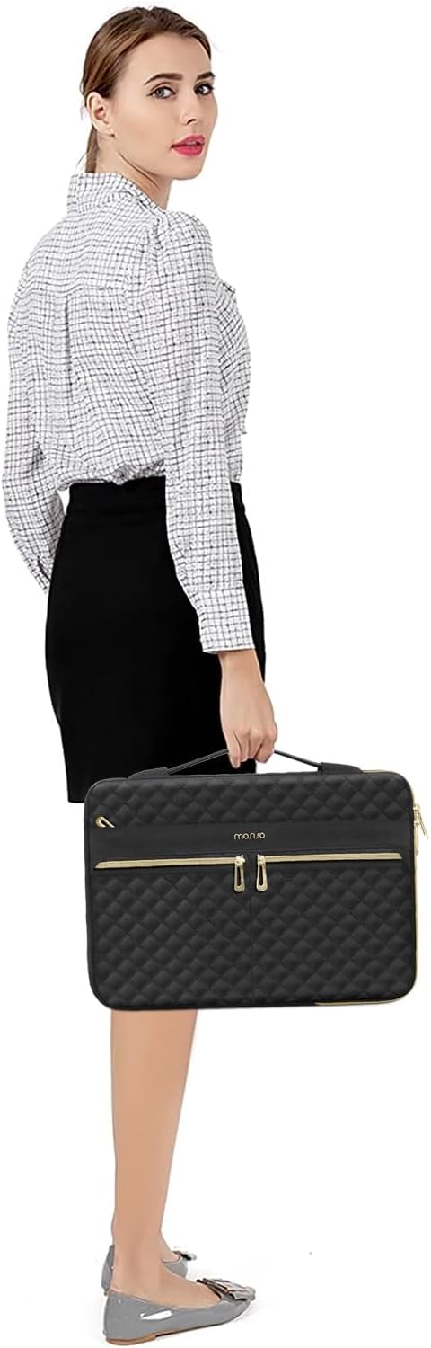 MOSISO 360 Protective 13-14 inch Laptop Sleeve Compatible with MacBook Air/Pro, 13-13.3 inch Notebook, Compatible with MacBook Pro 14, Square Quilted Side Open Bag with 3 Pockets&Handle&Belt, Black iMosiso